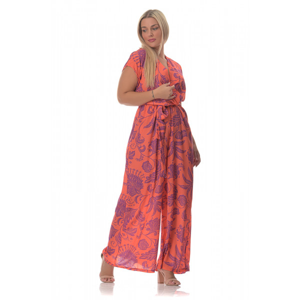 Plus Size Floral Ολόσωμη Φόρμα -Κοραλί