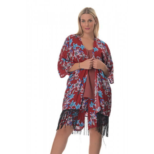 Plus size Floral κιμονό με κρόσια – Kόκκινο 