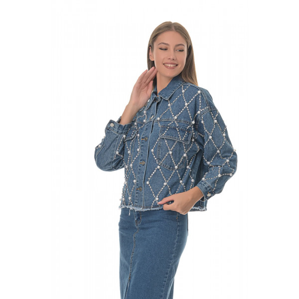 Jacket Jean Με Στρας και Πέρλες - Μπλε