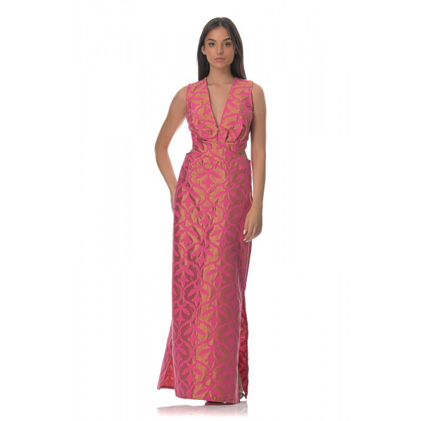 Βραδινό Φόρεμα Maxi Ταφτάς - Ροζ/Χρυσό