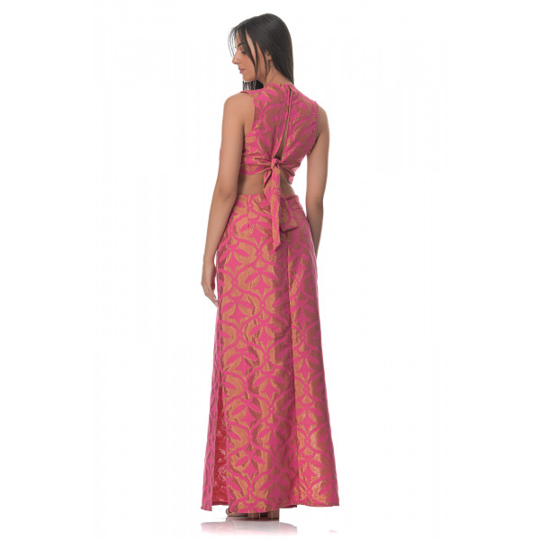 Βραδινό Φόρεμα Maxi Ταφτάς - Ροζ/Χρυσό
