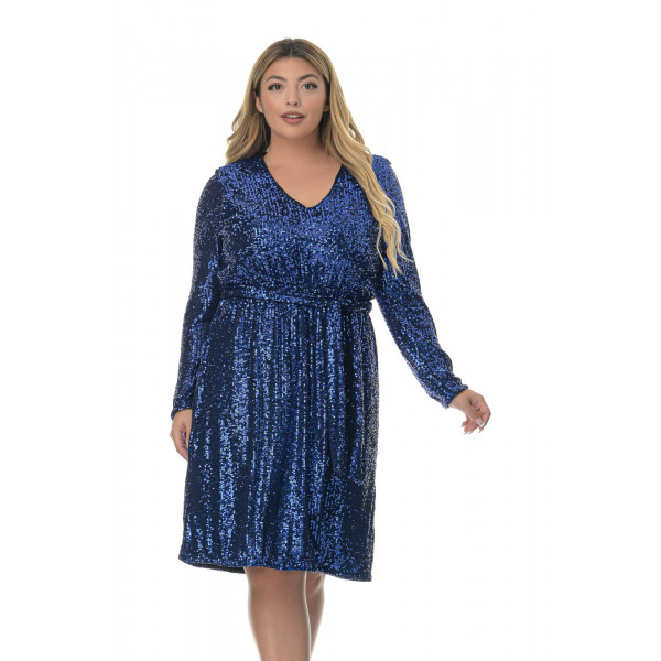 Plus Size Μακρυμάνικο Φόρεμα με Παγιέτα - Μπλε Ρουά