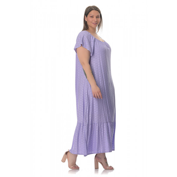 Plus Size Φόρεμα Κεντητό Με Βολάν - Μωβ