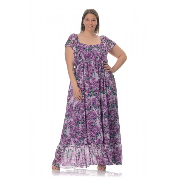 Plus Size Φόρεμα Maxi Floral - Μωβ