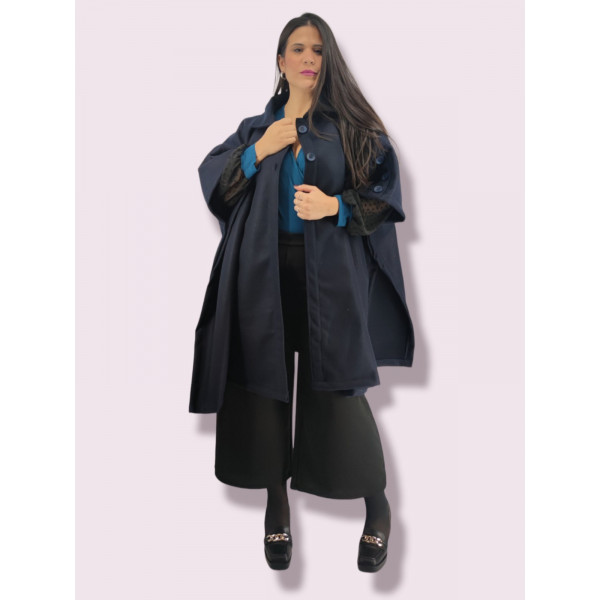 Plus Size Κάπα/Παλτό με Κουμπιά - Μπλε