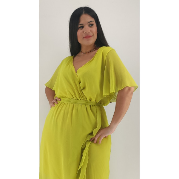 Plus Size Φόρεμα Maxi Κρουαζέ - Κίτρινο