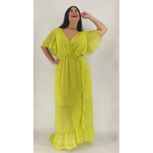 Plus Size Φόρεμα Maxi Κρουαζέ - Κίτρινο