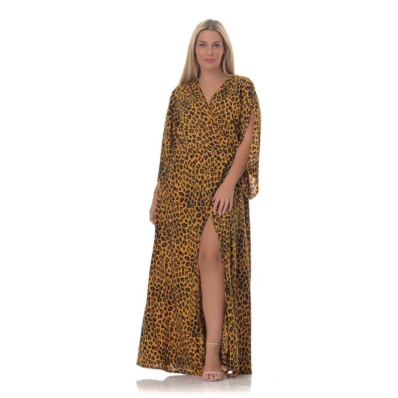 Plus Size Leopard Κρουαζέ Φόρεμα -Κίτρινο Plus Size Leopard Κρουαζέ Φόρεμα -Κίτρινο