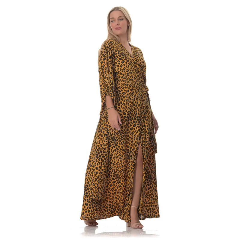 Plus Size Leopard Κρουαζέ Φόρεμα -Κίτρινο Plus Size Leopard Κρουαζέ Φόρεμα -Κίτρινο