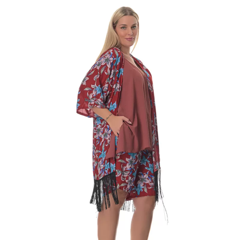 Plus size Floral κιμονό με κρόσια – Kόκκινο Plus size Floral κιμονό με κρόσια – Kόκκινο