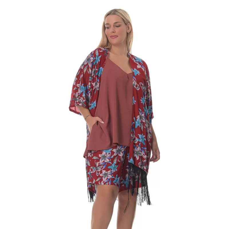 Plus size Floral κιμονό με κρόσια – Kόκκινο Plus size Floral κιμονό με κρόσια – Kόκκινο