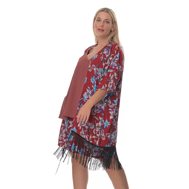 Plus size Floral κιμονό με κρόσια – Kόκκινο Plus size Floral κιμονό με κρόσια – Kόκκινο