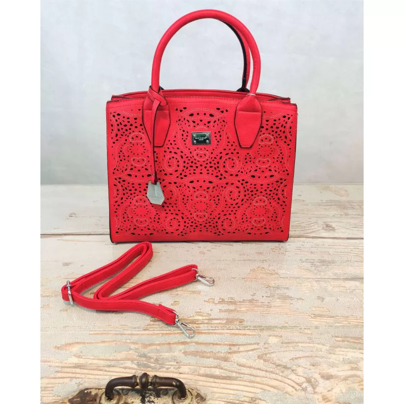Tote Bag Με Διάτρητο Κέντημα - Κόκκινο