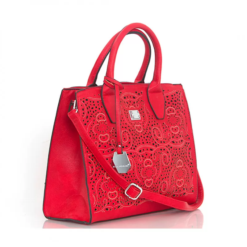 Tote Bag Με Διάτρητο Κέντημα - Κόκκινο