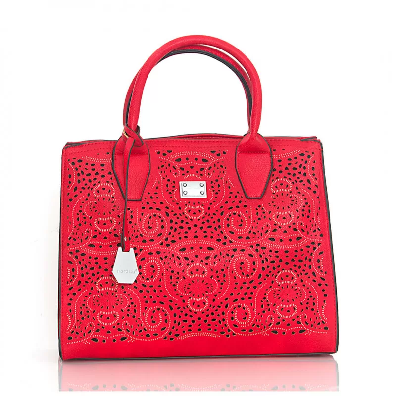 Tote Bag Με Διάτρητο Κέντημα - Κόκκινο