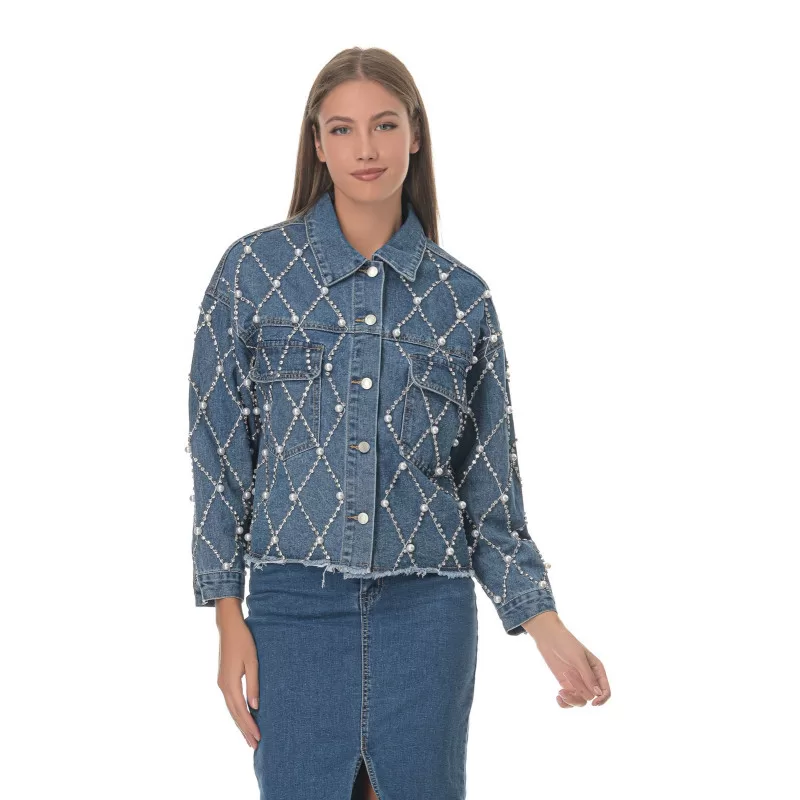 Jacket Jean Με Στρας και Πέρλες - Μπλε Jacket Jean Με Στρας και Πέρλες - Μπλε