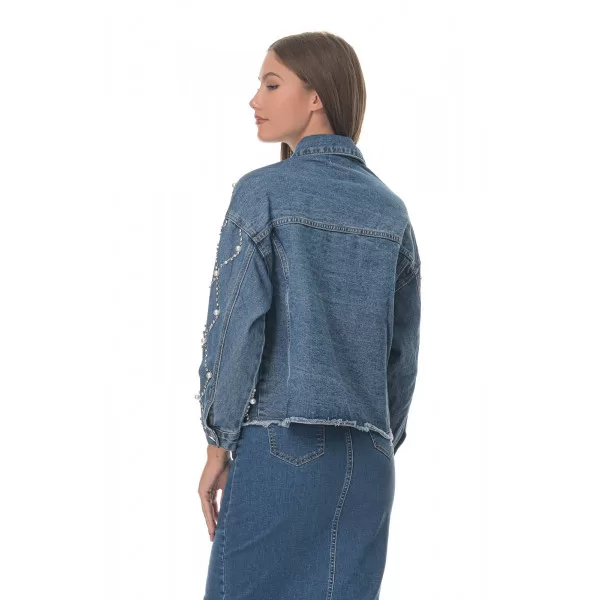 Jacket Jean Με Στρας και Πέρλες - Μπλε