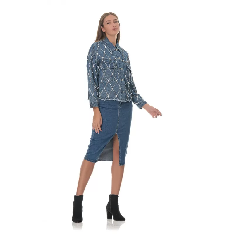 Jacket Jean Με Στρας και Πέρλες - Μπλε Jacket Jean Με Στρας και Πέρλες - Μπλε