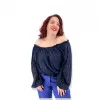Plus Size Έξωμη Μπλούζα Με Λάμψη - Μπλε