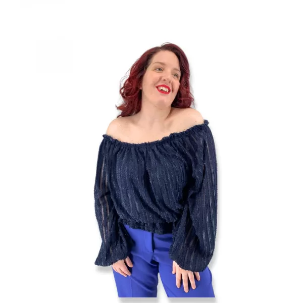 Plus Size Έξωμη Μπλούζα Με Λάμψη - Μπλε