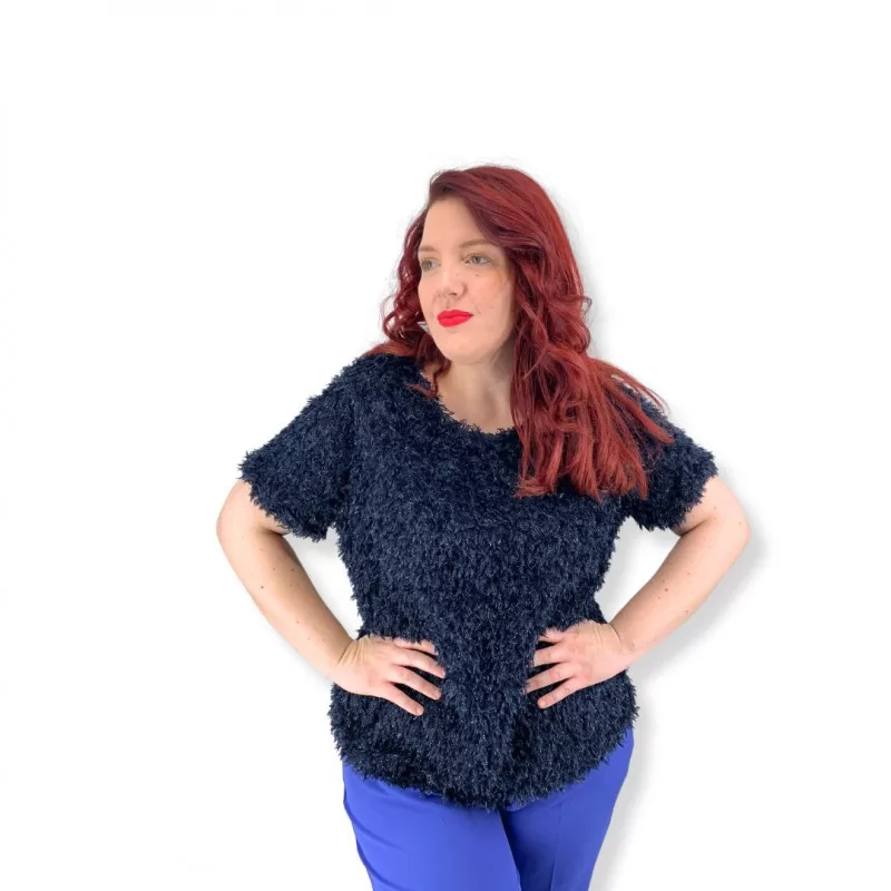 Plus Size Μπλούζα Μοχέρ Με Λάμψη - Μπλε