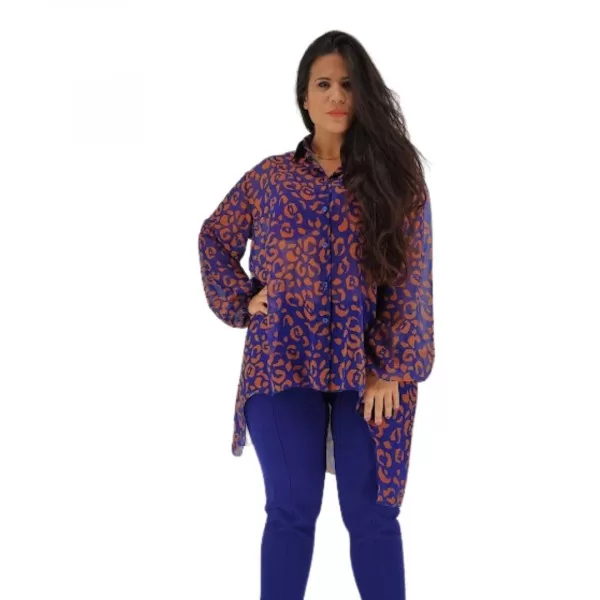 Plus Size Πουκάμισο Ασύμμετρο Κάου - Μπλε/Καφέ