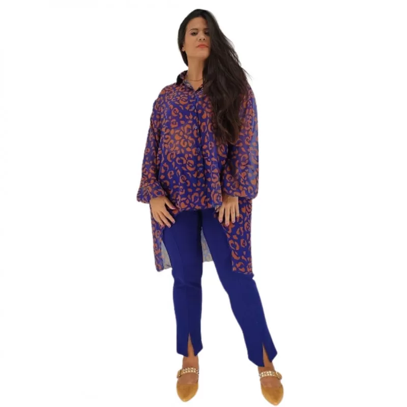 Plus Size Πουκάμισο Ασύμμετρο Κάου - Μπλε/Καφέ Plus Size Πουκάμισο Ασύμμετρο Κάου - Μπλε/Καφέ