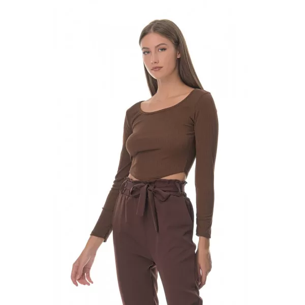Crop Top Μακρυμάνικο - Καφέ