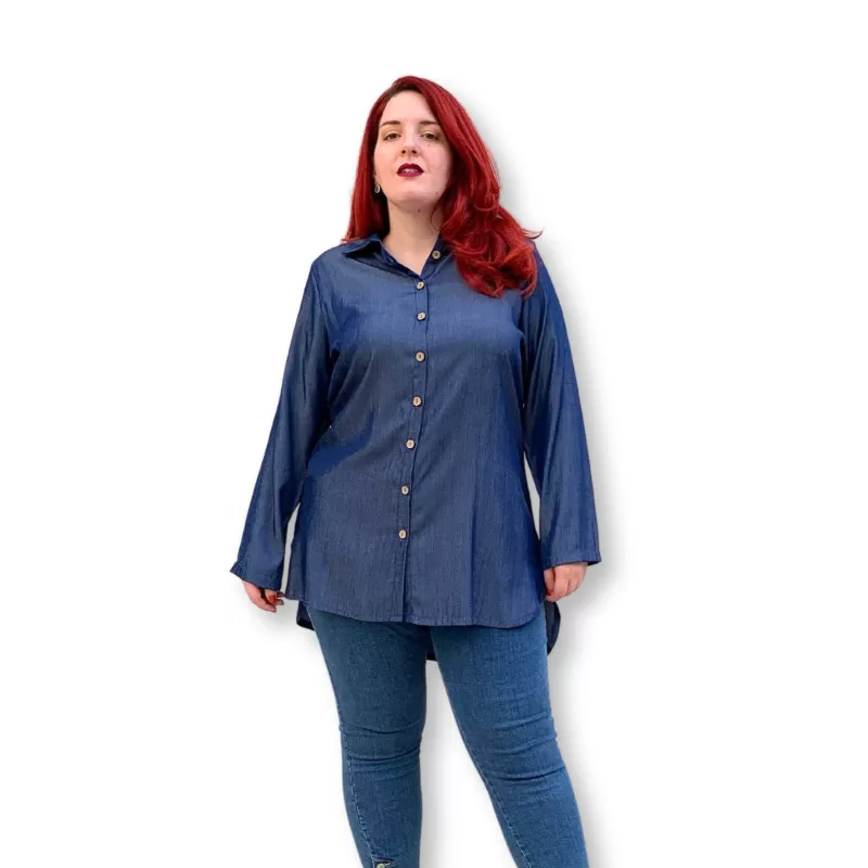 Plus Size Denim Jean Πουκάμισο - Μπλε Plus Size Denim Jean Πουκάμισο - Μπλε