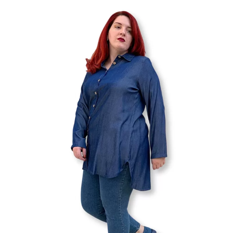 Plus Size Denim Jean Πουκάμισο - Μπλε Plus Size Denim Jean Πουκάμισο - Μπλε