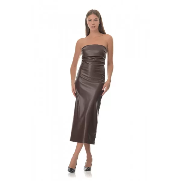 Φόρεμα Midi Strapless Δερμάτινο - Καφέ