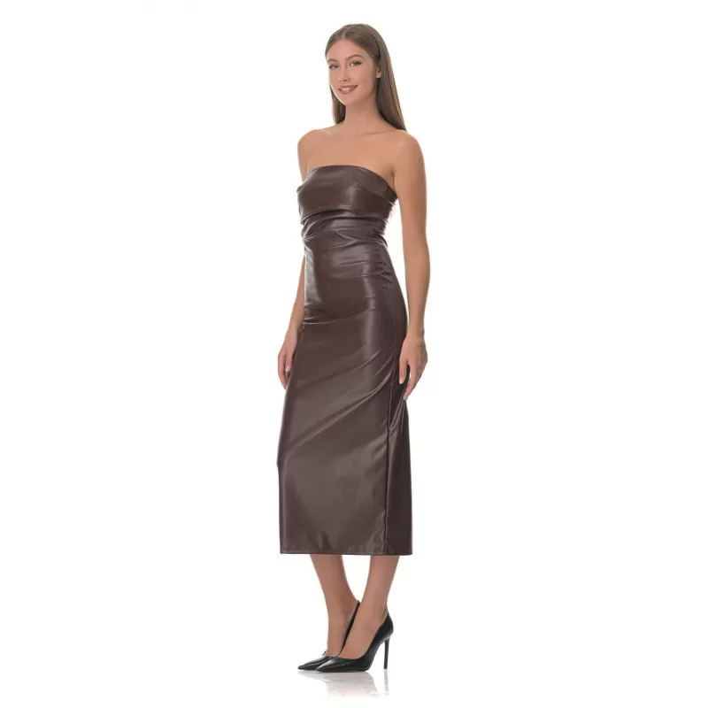 Φόρεμα Midi Strapless Δερμάτινο - Καφέ Φόρεμα Midi Strapless Δερμάτινο - Καφέ