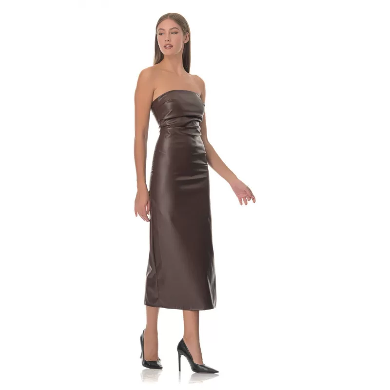 Φόρεμα Midi Strapless Δερμάτινο - Καφέ Φόρεμα Midi Strapless Δερμάτινο - Καφέ