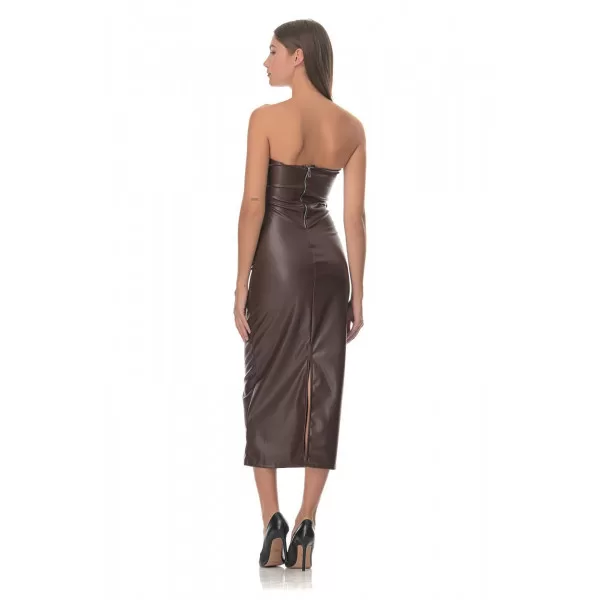 Φόρεμα Midi Strapless Δερμάτινο - Καφέ