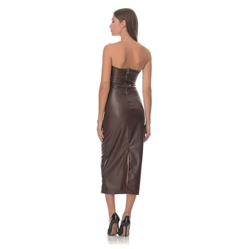 Φόρεμα Midi Strapless Δερμάτινο - Καφέ Φόρεμα Midi Strapless Δερμάτινο - Καφέ