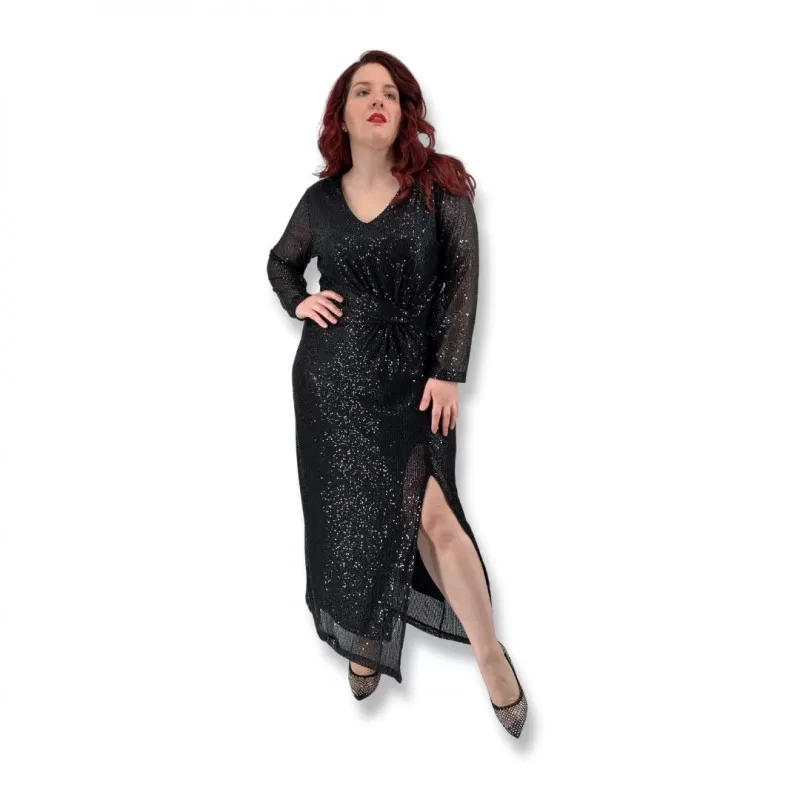 Plus Size Φόρεμα Maxi Με Παγίετες - Μαύρο