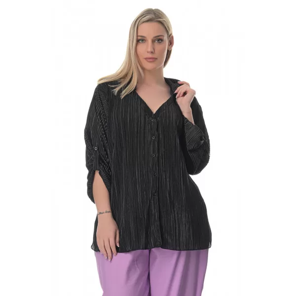 Plus Size Πουκαμίσα Πλισέ - Μαύρο