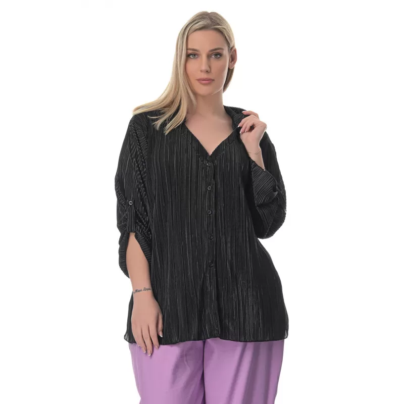 Plus Size Πουκαμίσα Πλισέ - Μαύρο Plus Size Πουκαμίσα Πλισέ - Μαύρο