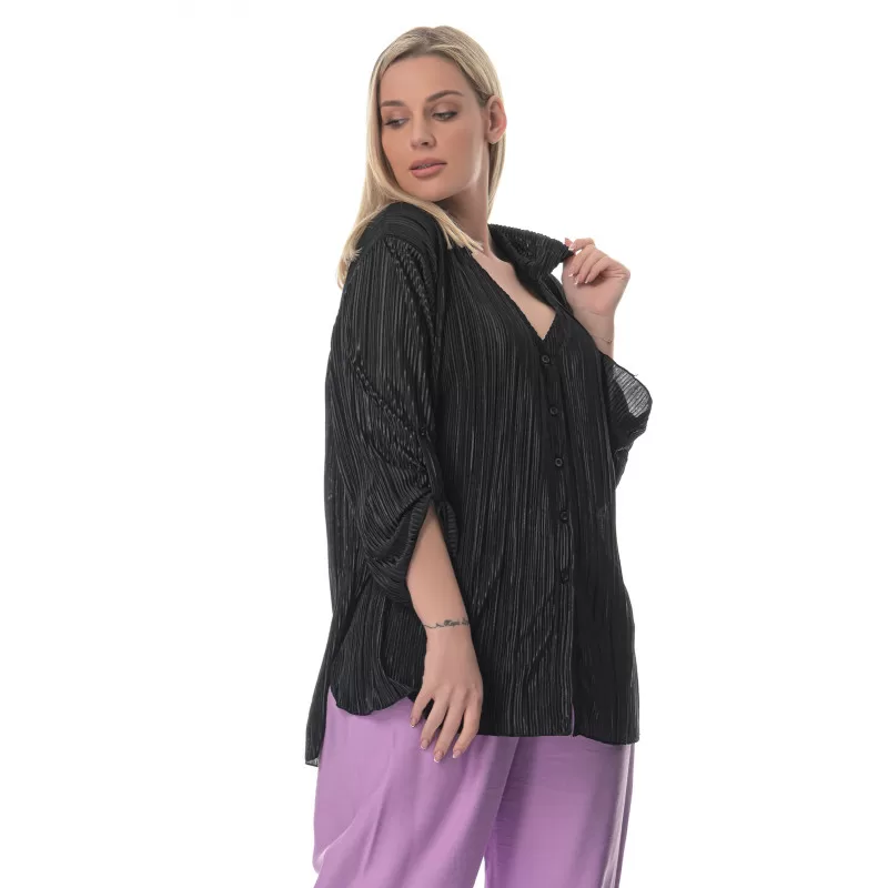 Plus Size Πουκαμίσα Πλισέ - Μαύρο Plus Size Πουκαμίσα Πλισέ - Μαύρο