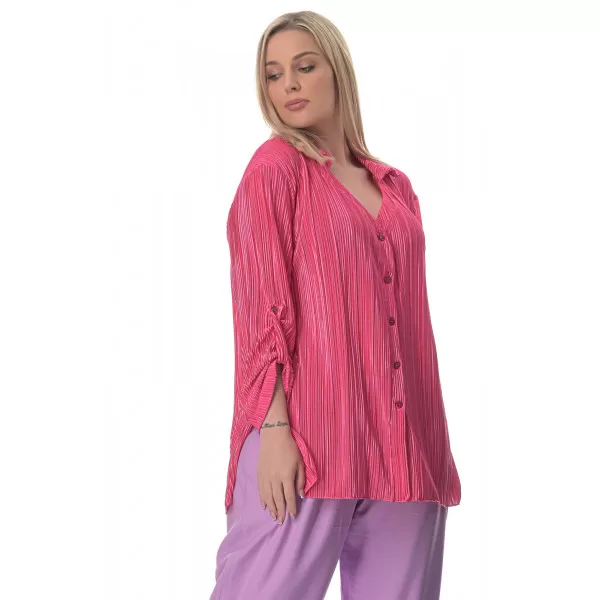 Plus Size Πουκαμίσα Πλισέ - Φούξια