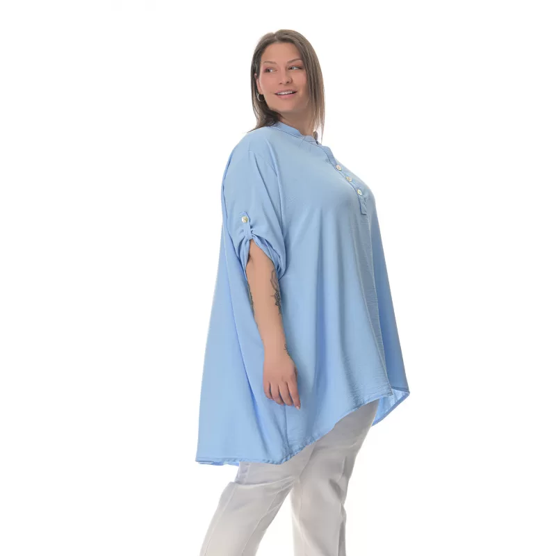 Plus Size Λινή Πουκαμίσα Με Κουμπιά - Γαλάζιο Plus Size Λινή Πουκαμίσα Με Κουμπιά - Γαλάζιο