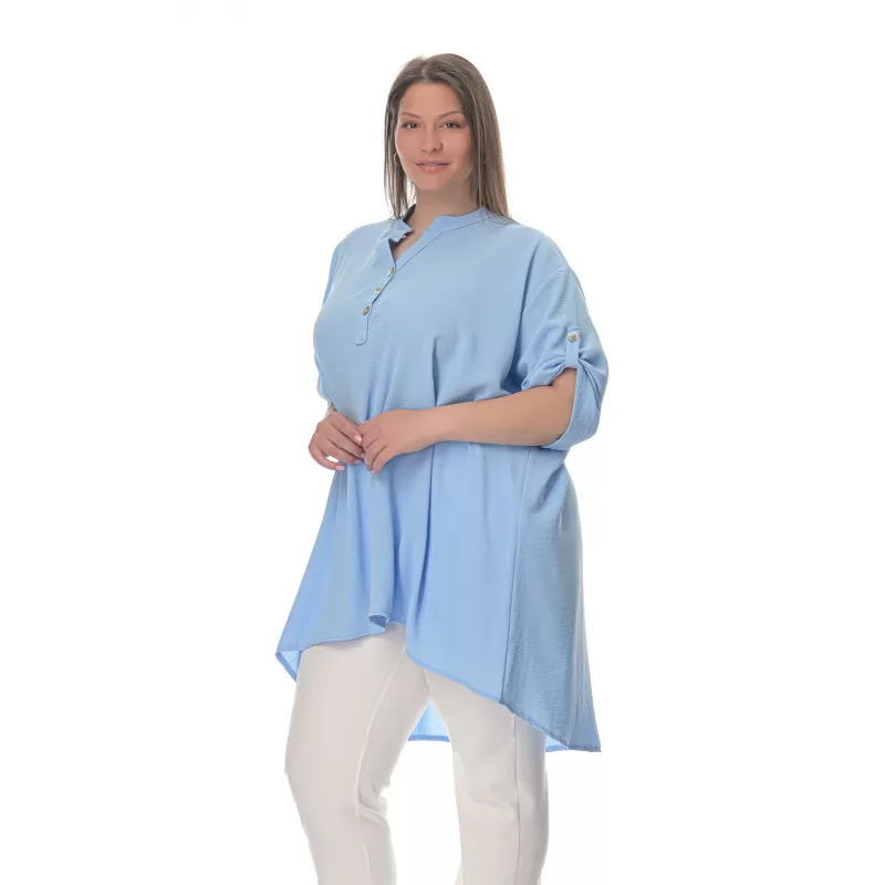 Plus Size Λινή Πουκαμίσα Με Κουμπιά - Γαλάζιο Plus Size Λινή Πουκαμίσα Με Κουμπιά - Γαλάζιο