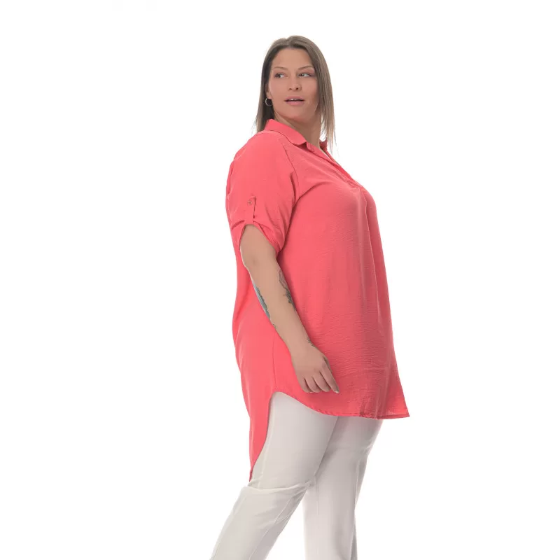 Plus Size Λινή Πουκαμίσα Με V Λαιμόκοψη - Κοραλί Plus Size Λινή Πουκαμίσα Με V Λαιμόκοψη - Κοραλί