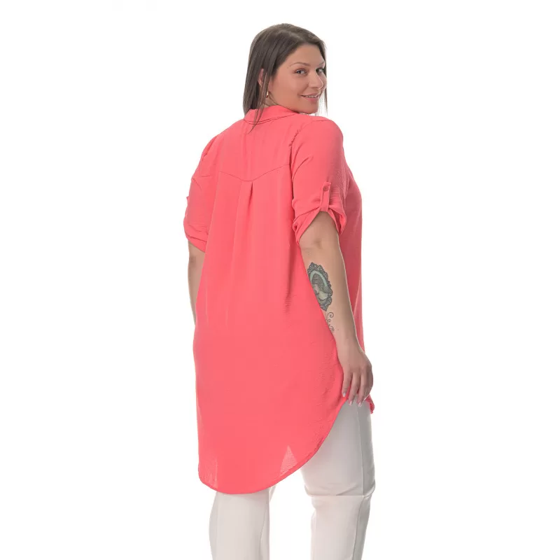 Plus Size Λινή Πουκαμίσα Με V Λαιμόκοψη - Κοραλί Plus Size Λινή Πουκαμίσα Με V Λαιμόκοψη - Κοραλί