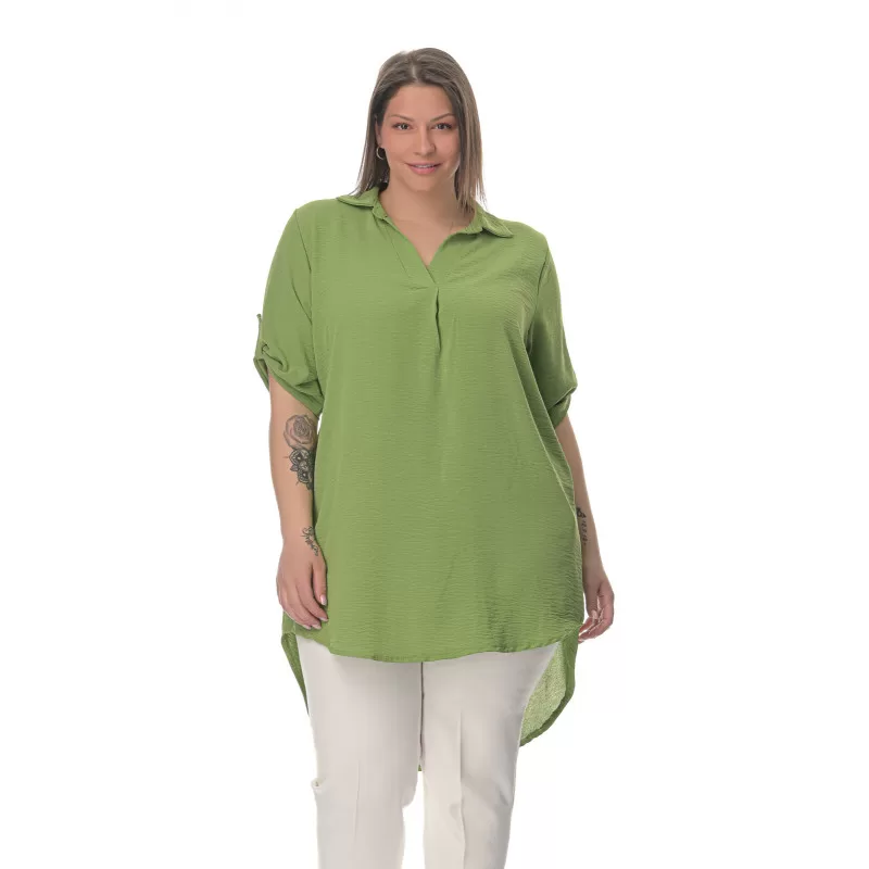 Plus Size Λινή Πουκαμίσα Με V Λαιμόκοψη - Πράσινο Plus Size Λινή Πουκαμίσα Με V Λαιμόκοψη - Πράσινο