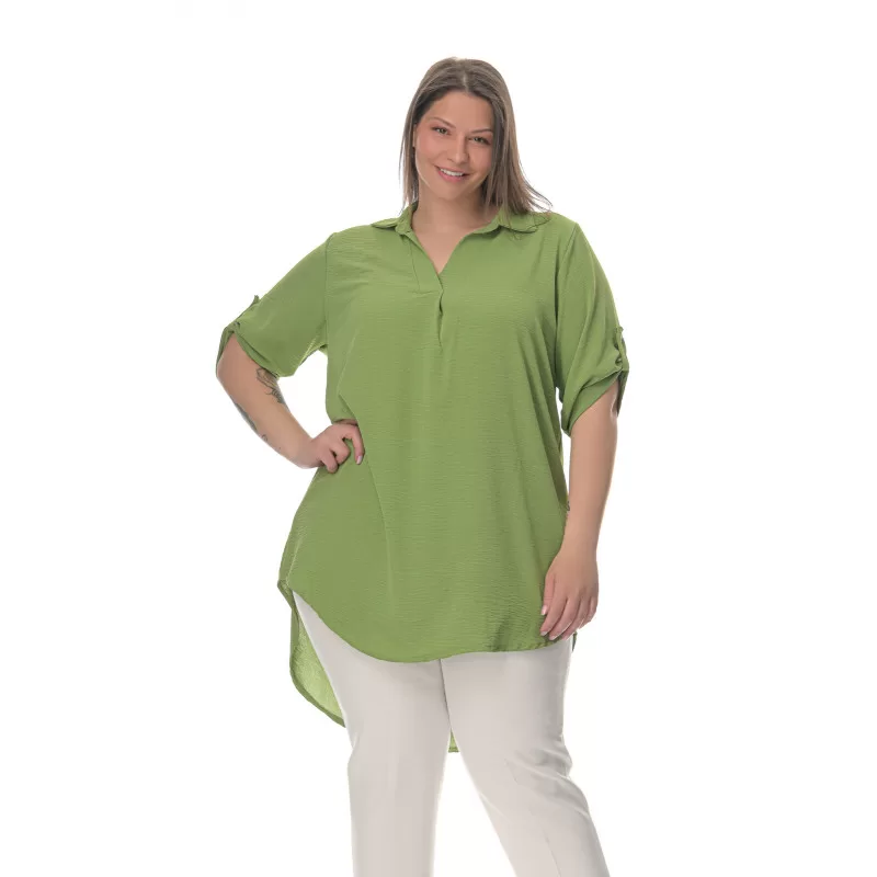 Plus Size Λινή Πουκαμίσα Με V Λαιμόκοψη - Πράσινο Plus Size Λινή Πουκαμίσα Με V Λαιμόκοψη - Πράσινο