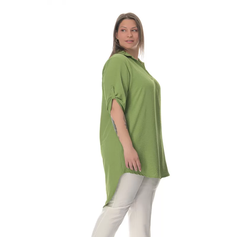 Plus Size Λινή Πουκαμίσα Με V Λαιμόκοψη - Πράσινο Plus Size Λινή Πουκαμίσα Με V Λαιμόκοψη - Πράσινο
