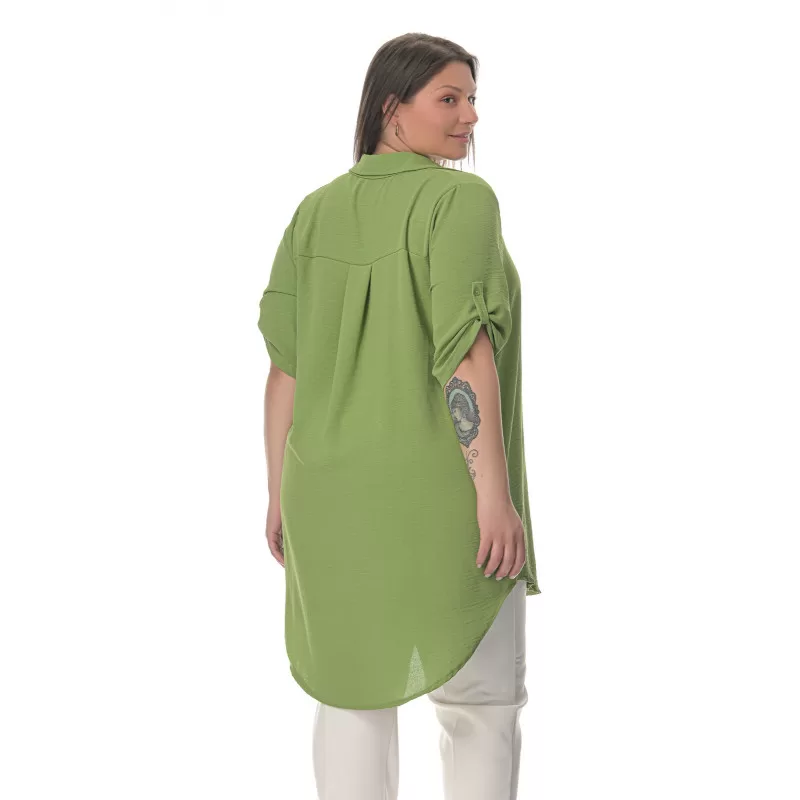 Plus Size Λινή Πουκαμίσα Με V Λαιμόκοψη - Πράσινο Plus Size Λινή Πουκαμίσα Με V Λαιμόκοψη - Πράσινο
