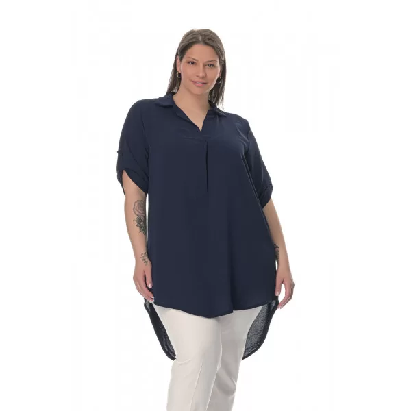 Plus Size Λινή Πουκαμίσα Με V Λαιμόκοψη - Μπλε