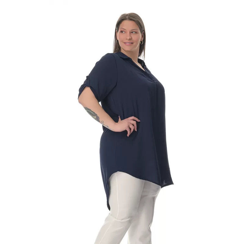 Plus Size Λινή Πουκαμίσα Με V Λαιμόκοψη - Μπλε Plus Size Λινή Πουκαμίσα Με V Λαιμόκοψη - Μπλε